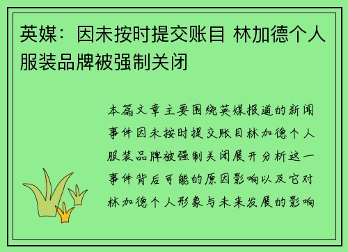 英媒：因未按时提交账目 林加德个人服装品牌被强制关闭