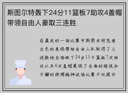 斯图尔特轰下24分11篮板7助攻4盖帽带领自由人豪取三连胜